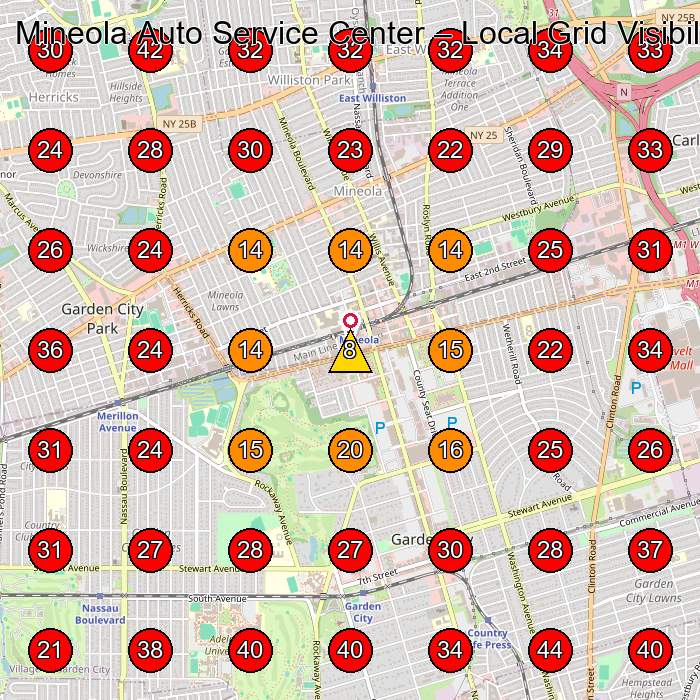Mineola Auto Service Center GeoGrid visibility map for Auto Repair Shop in Mineola